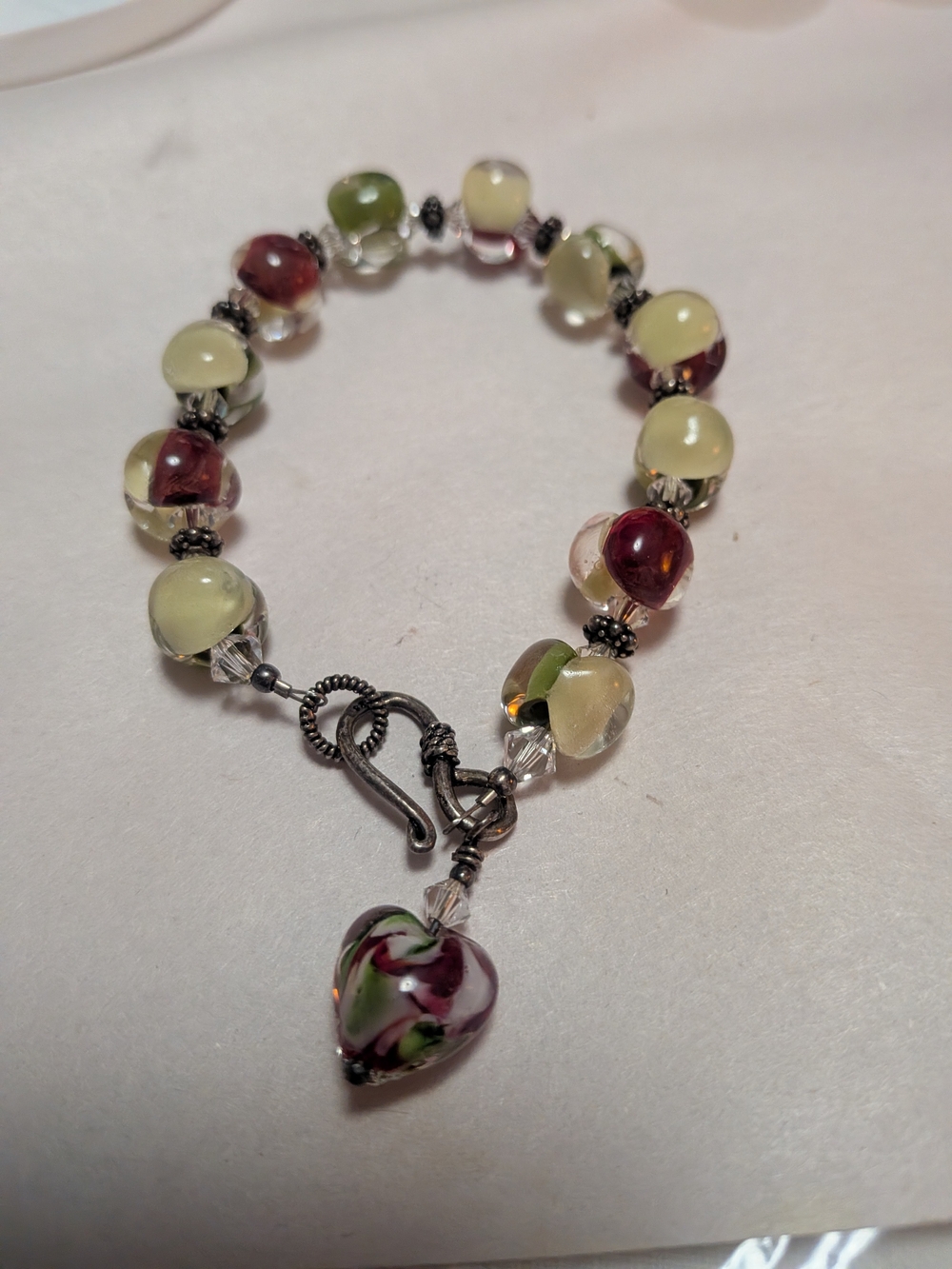lampwork glass 925 beads and a heart charm secured with a sterling silver toggle
